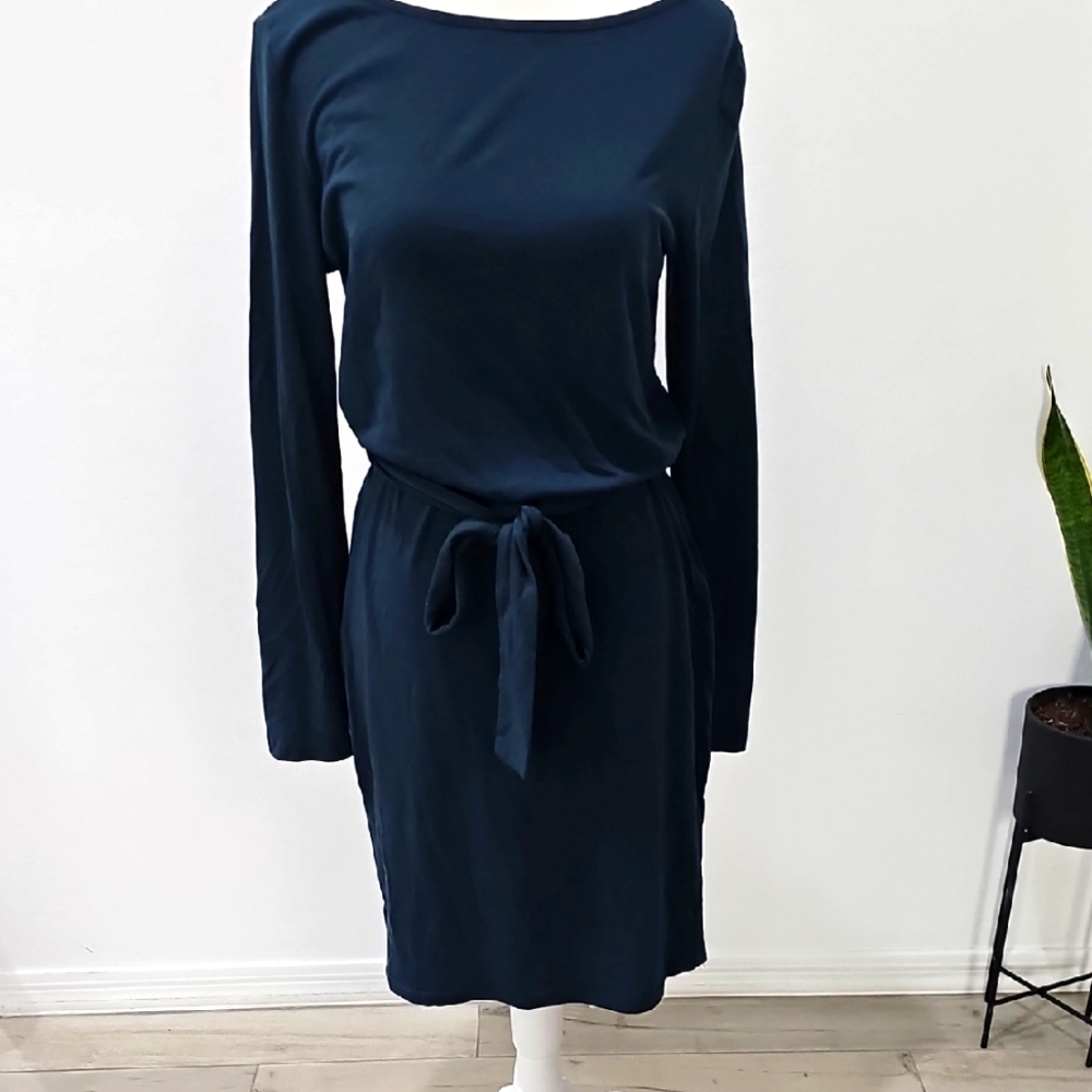 Blue Long Sleeve Ribbed Tie Front Sheath Dress